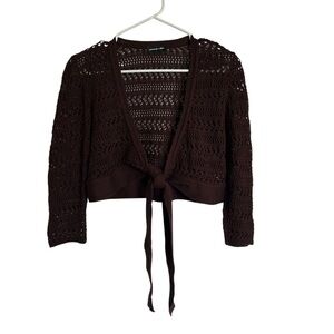 Vintage Y2K Cropped Crochet Brown Tie Front Cardigan Medium